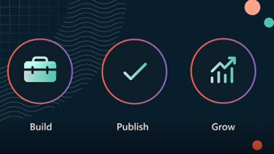 A screenshot of a computer screen with text Build Publish Grow and various icons including a circle with a tick, a graph with an upward arrow, and a briefcase.